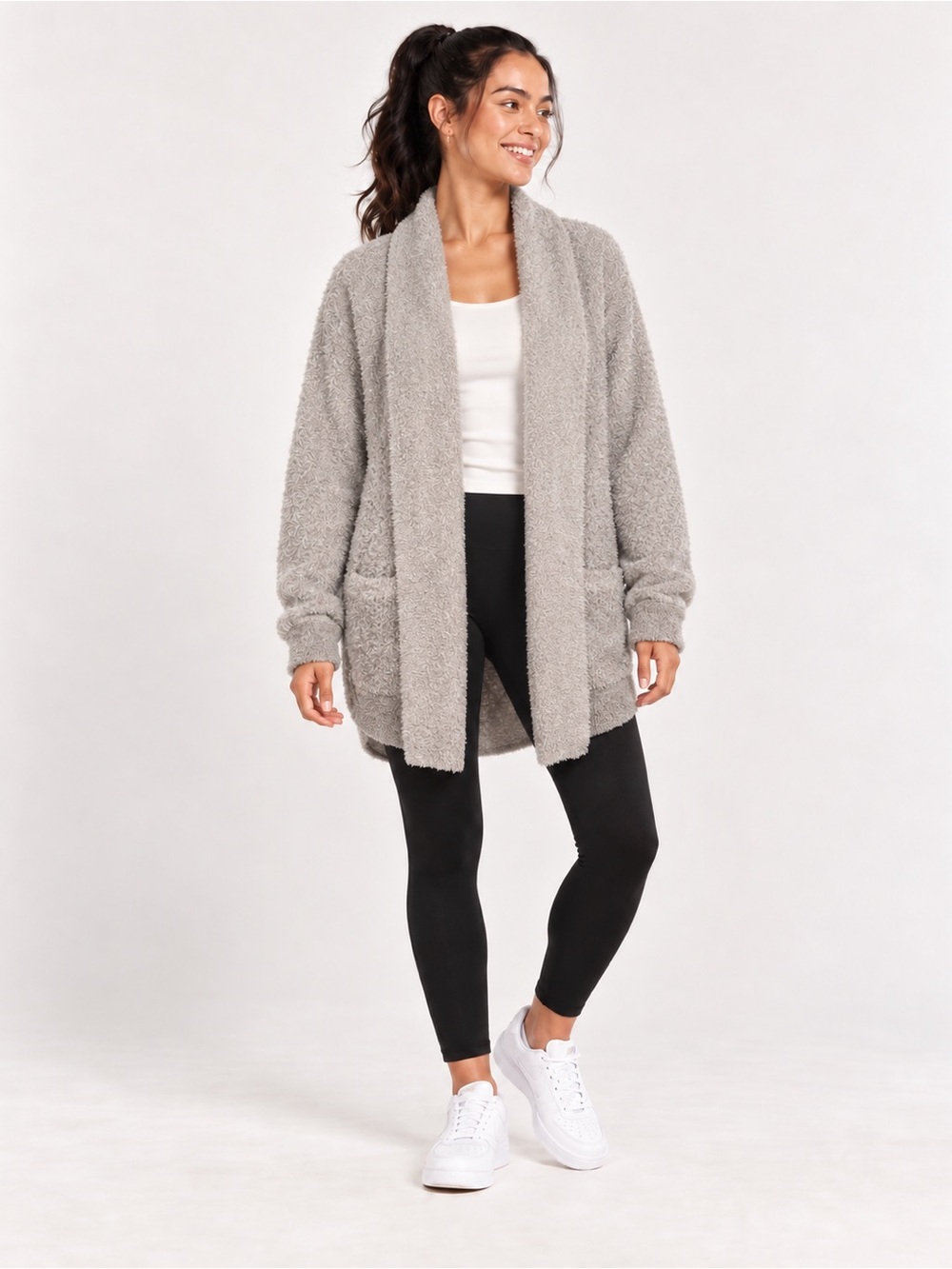 Barefoot Dreams CozyChic Tan Open Front Long Cardigan Pockets Size Medium